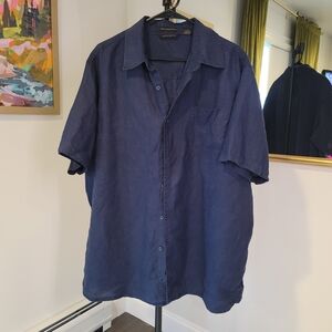 AXIST Wave Washed Linen Dark Blue Short Sleeve Button Down Shirt Men's Size XL